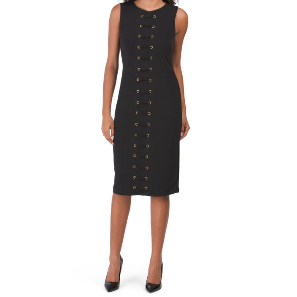 New! Carmen Marc Valvo Women's Lace up Grommet Detail Midi Dress
